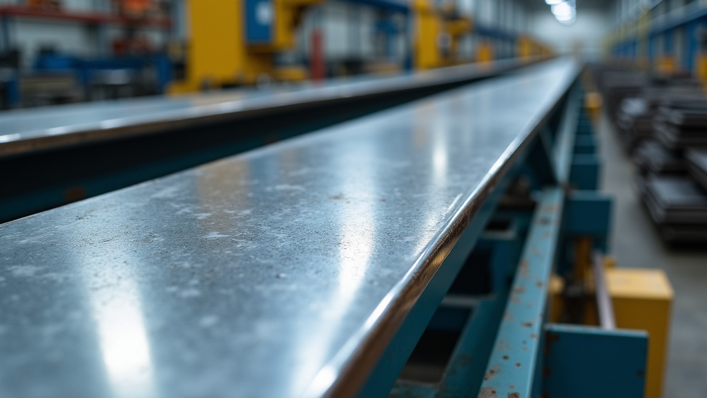 A close-up view of a gleaming steel beam showcasing a pristine surface and industrial finish against a blurred recycling facility background.