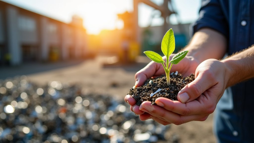 Close-up of hands gently cupping a small green plant growing from recycled metal scraps with sunlight streaming through.