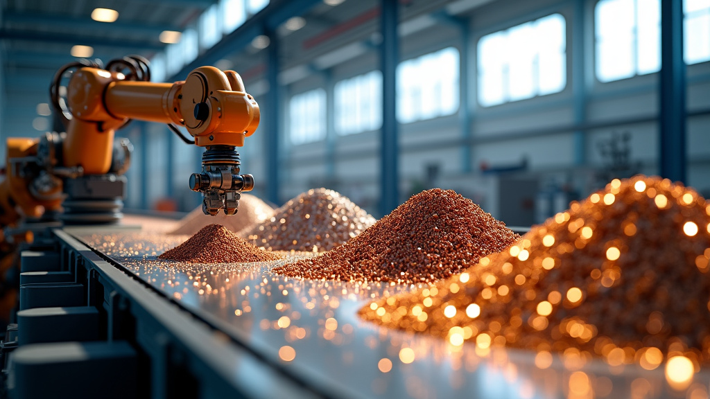 A high-tech metal recycling facility with gleaming piles of specialty metals and a robotic sorting arm