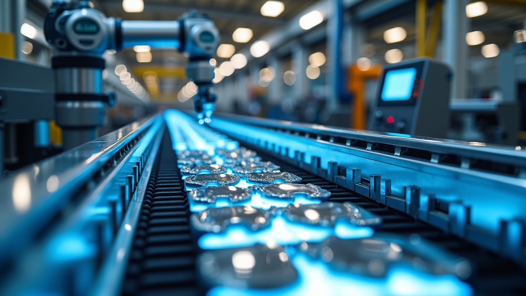 A close-up shot of a high-tech metal recycling facility with gleaming metal pieces and robotic arms.