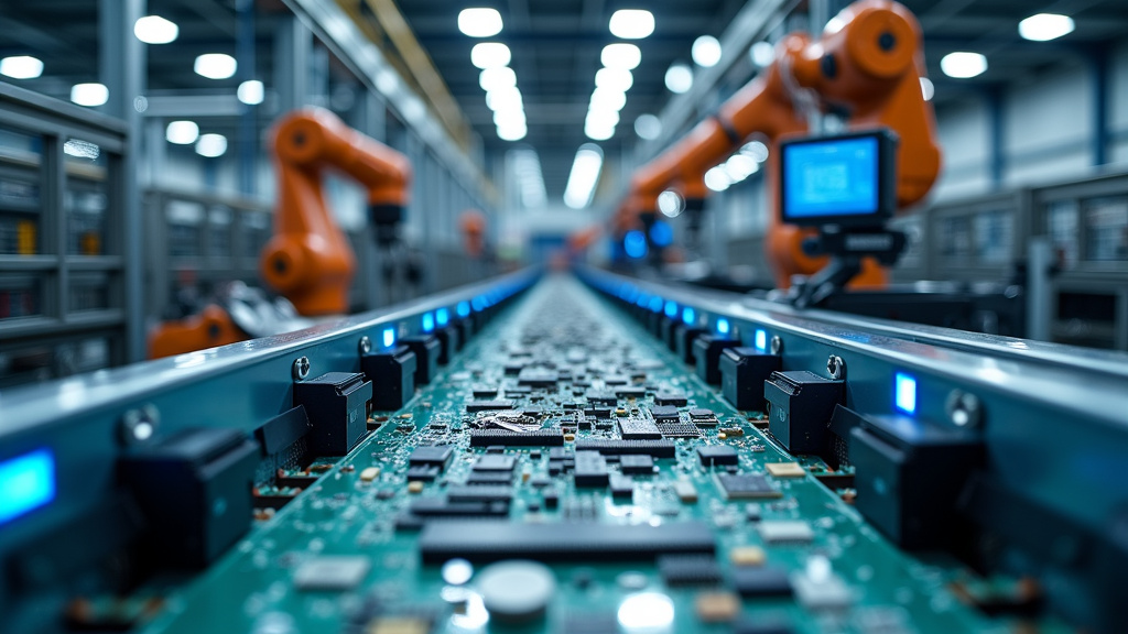 A modern recycling facility with robotic arms sorting electronic waste in dramatic lighting.