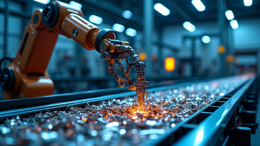 A modern robotic arm sorting shiny scrap metal on a conveyor belt with blue LED lighting in an industrial recycling facility.