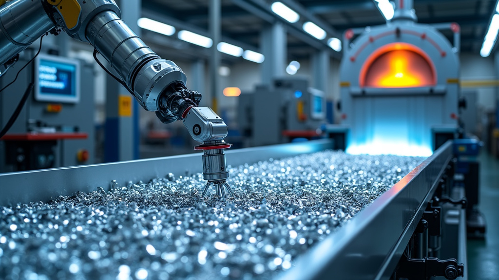 A high-tech aluminum recycling facility with robotic arms sorting aluminum scraps on a conveyor belt, featuring a glowing furnace in the background.