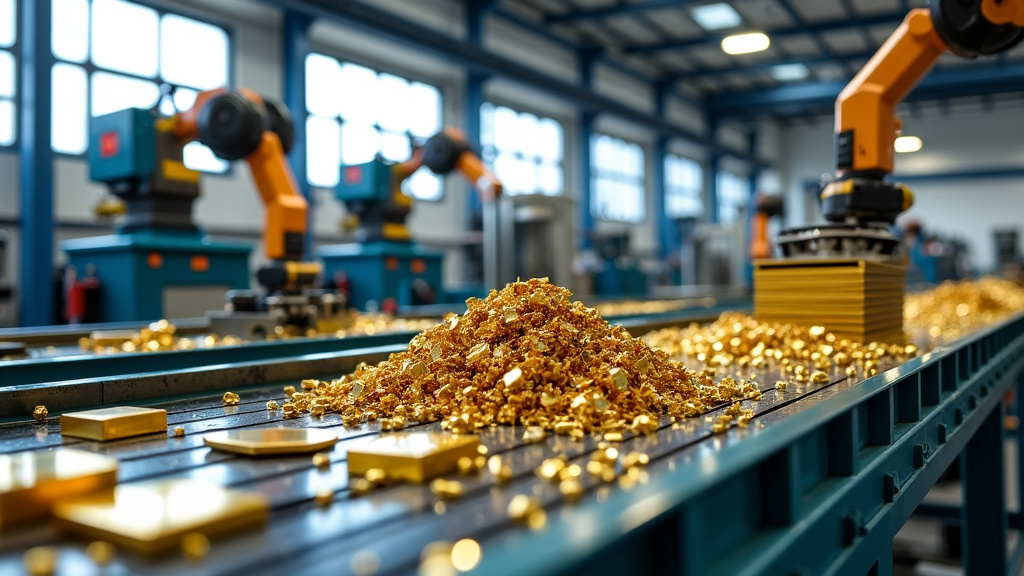 A modern, high-tech recycling facility with sorted rare metals and industrial robots sorting through electronic components.