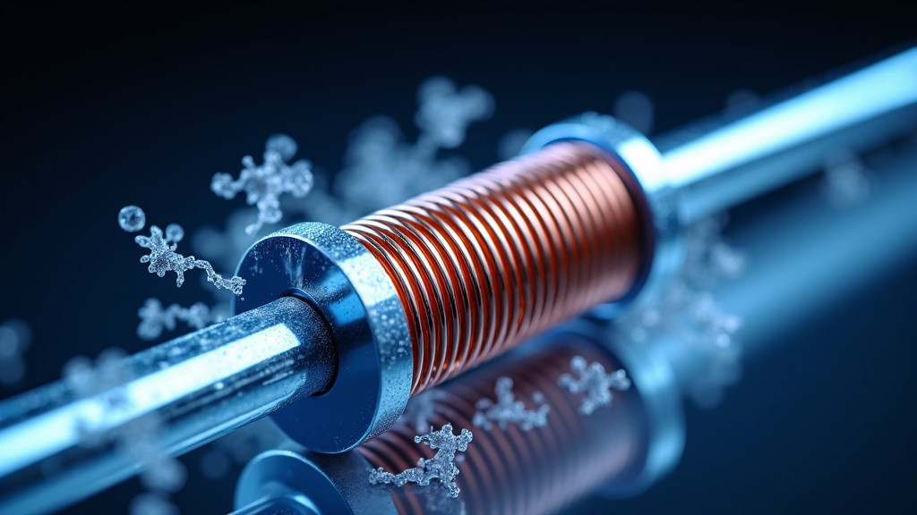 Close-up of a sleek, metallic superconducting coil with blue-tinted cryogenic vapor.