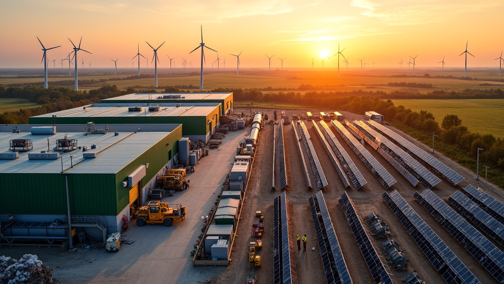 Aerial view of a modern recycling facility at sunset with solar panels and wind turbine blades.