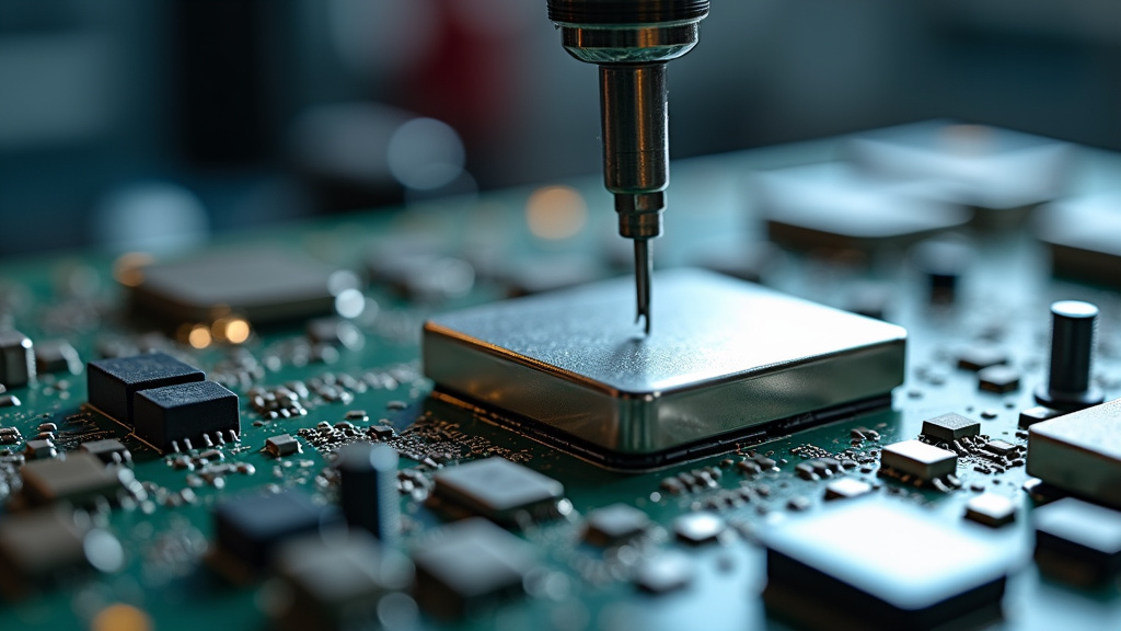 Close-up of a shiny metallic rare earth magnet being extracted from electronic waste in a recycling facility.