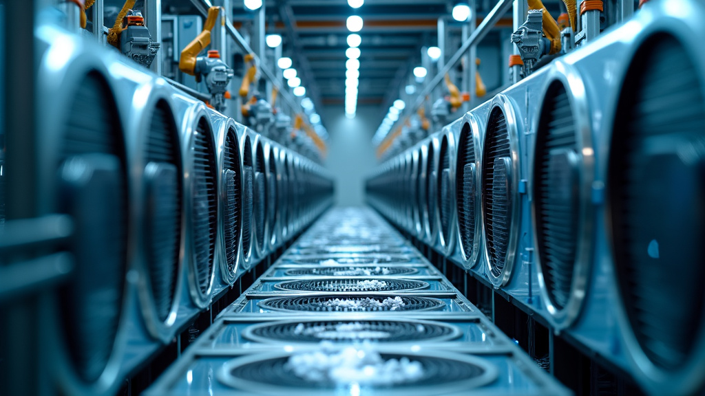 A modern recycling facility interior with robotic arms sorting industrial air conditioning units under dramatic lighting.