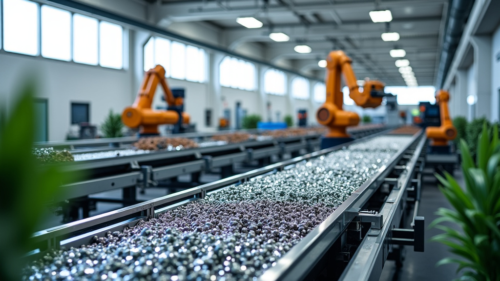 A high-tech recycling facility interior with conveyor systems processing rare earth magnets and robotic arms sorting materials.