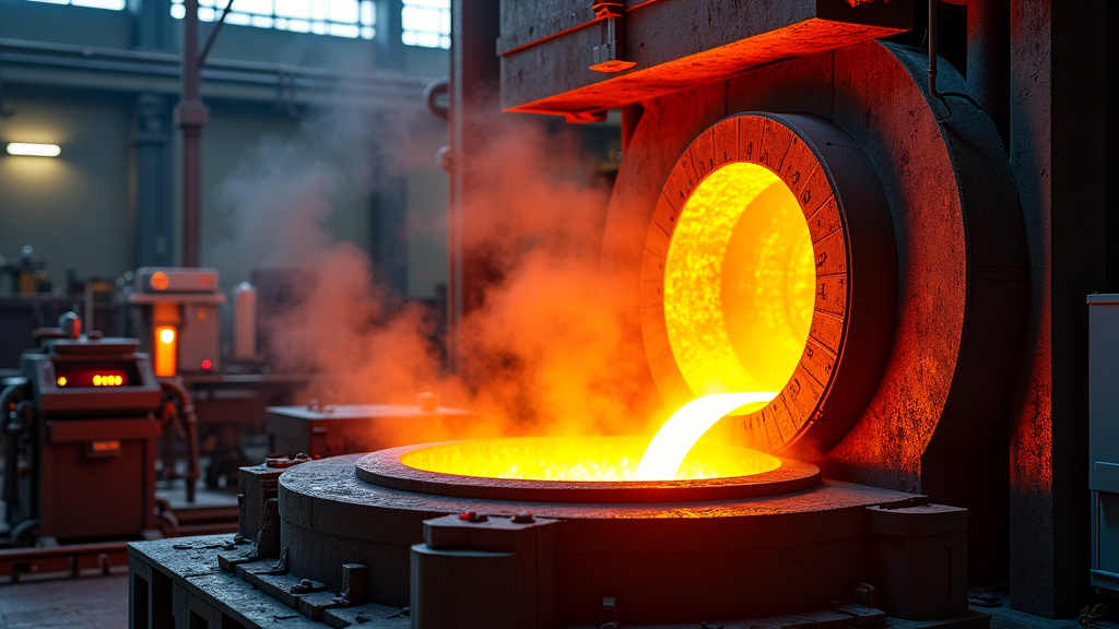 A professional photograph of a modern industrial smelting facility interior showing molten metal pouring from a furnace.