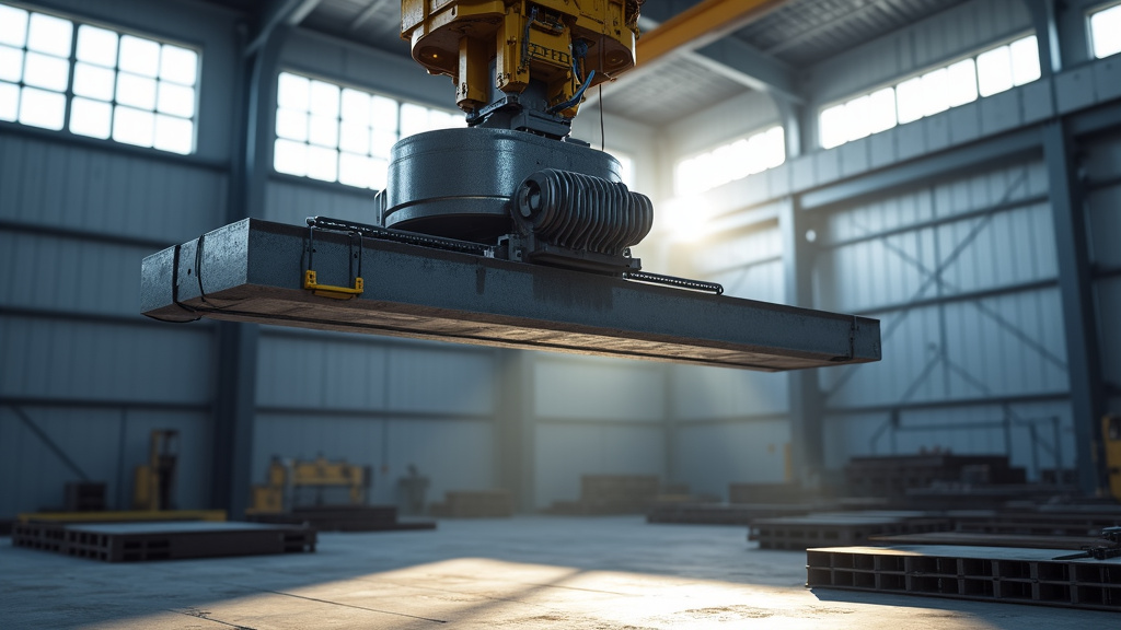 A large industrial crane using an electromagnet to lift a steel beam in a factory.