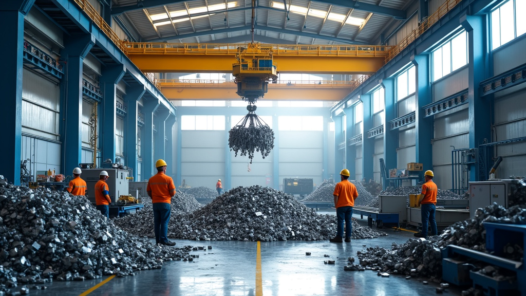 A massive electromagnetic crane lifting metal materials in a modern recycling facility under soft natural lighting.