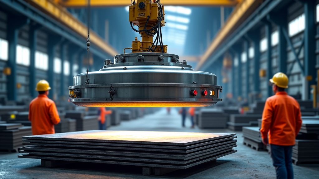 A large electromagnet suspended from a crane, lifting a stack of steel plates in a factory.