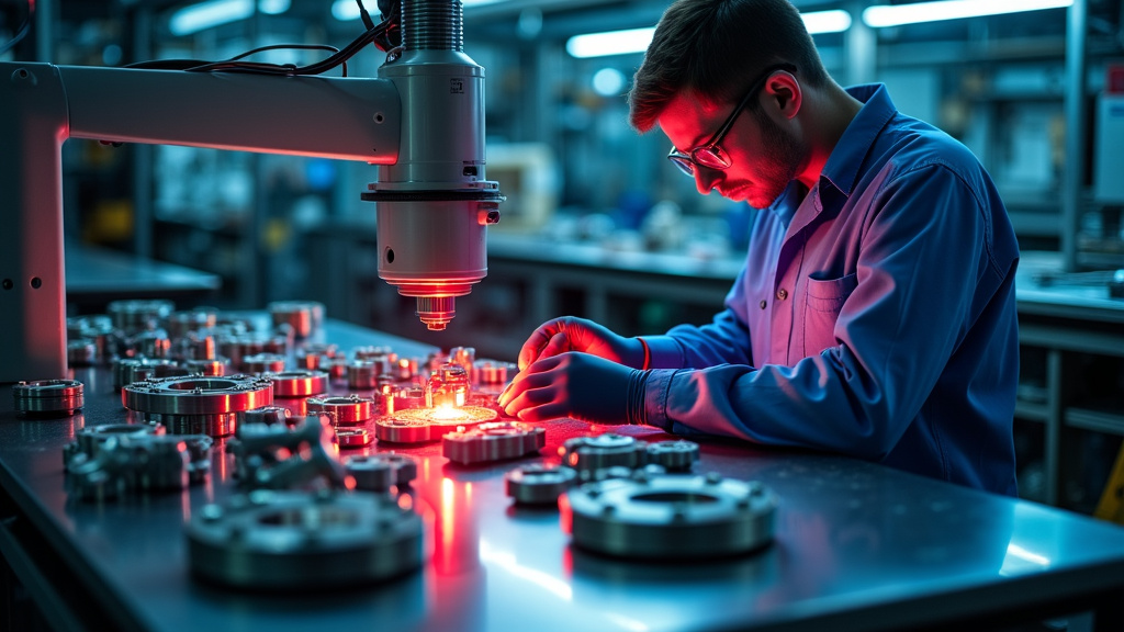 Technician in protective gear inspecting metallic aircraft component with high-tech scanning device in a dimly lit laboratory.