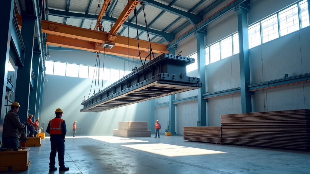 A photorealistic industrial scene of an electromagnetic lifting system in action lifting a steel beam