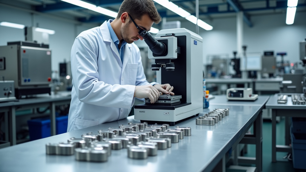 Technician in a lab coat using a spectrometer in a modern industrial laboratory