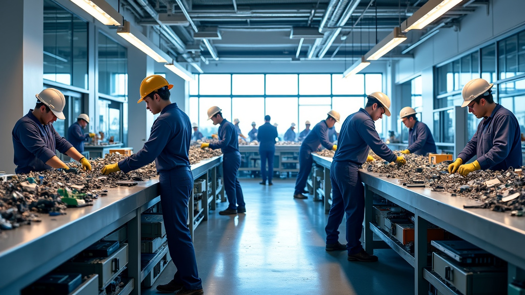 A photorealistic industrial recycling facility interior with modern sorting conveyor belts and workers in safety gear.