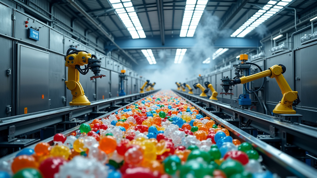 A photorealistic interior of an industrial recycling facility featuring advanced machinery and robotic arms sorting colorful plastic waste.