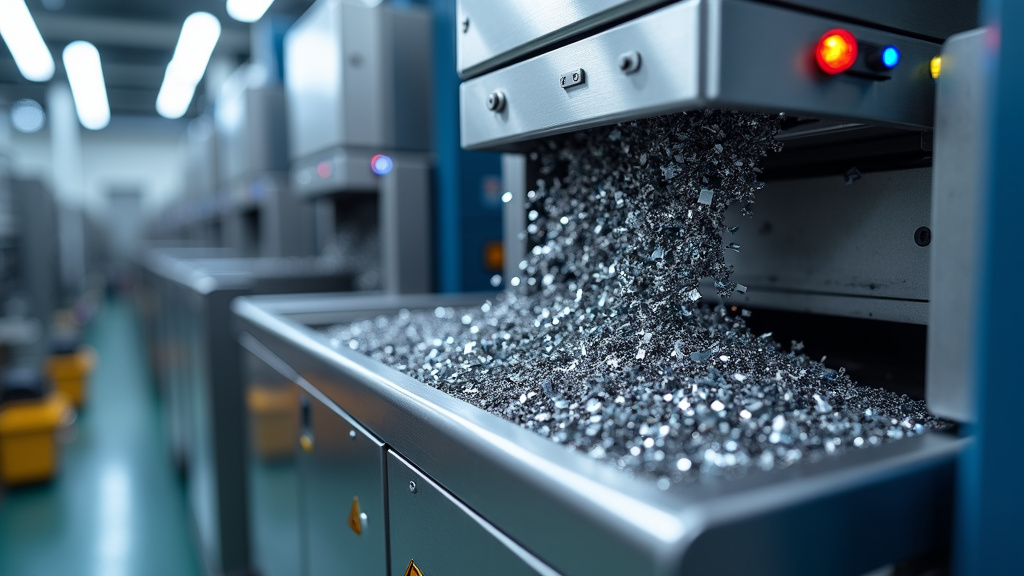 Professional photo of an industrial shredding machine processing products into small pieces with metallic fragments falling into a recycling container.