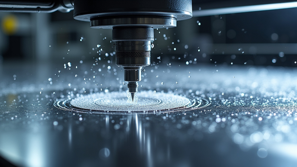 A close-up shot of an industrial waterjet cutting machine in action with water cutting stainless steel.