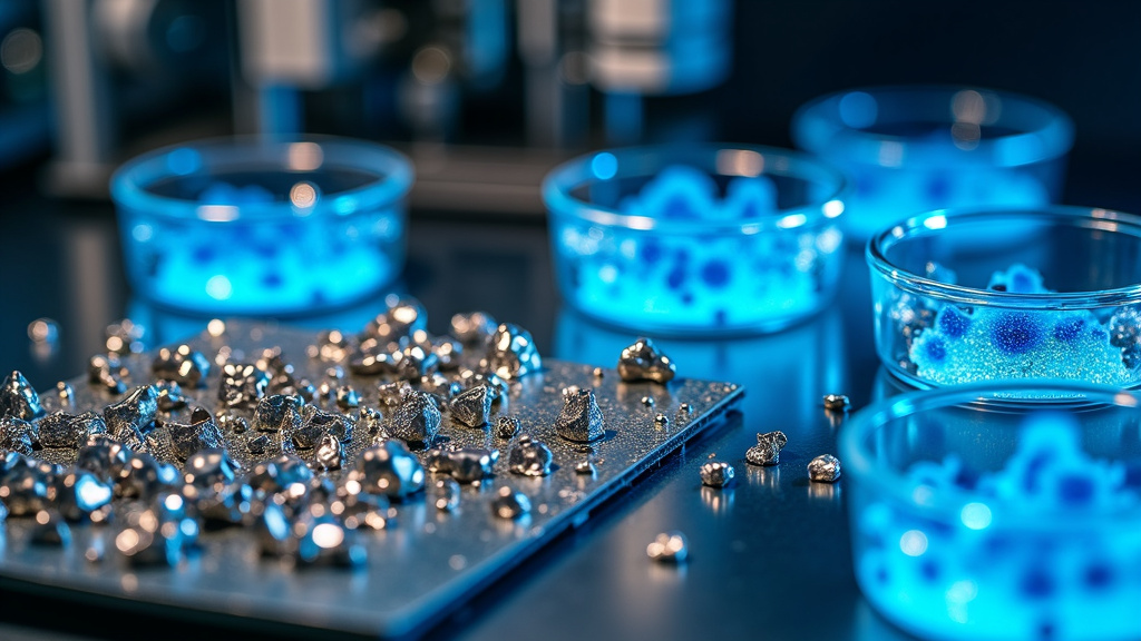 A close-up of iridescent metal fragments and electronic components in a lab with glowing blue bacterial cultures.