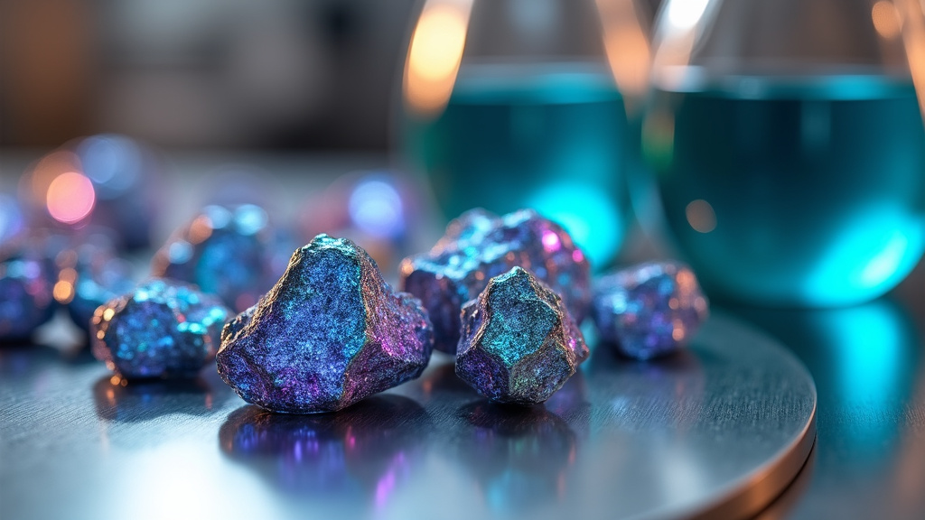 Photorealistic closeup of iridescent rare metal ore samples in a laboratory setting with blue and purple hues.