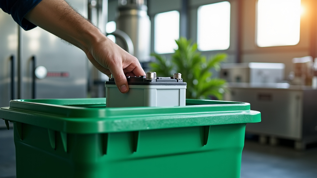 A pristine lead-acid battery being lowered into a modern green recycling bin.