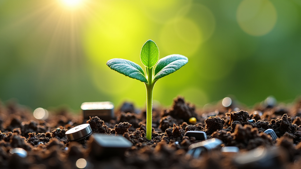 Photorealistic close-up of a lush green seedling emerging from recycled electronic materials