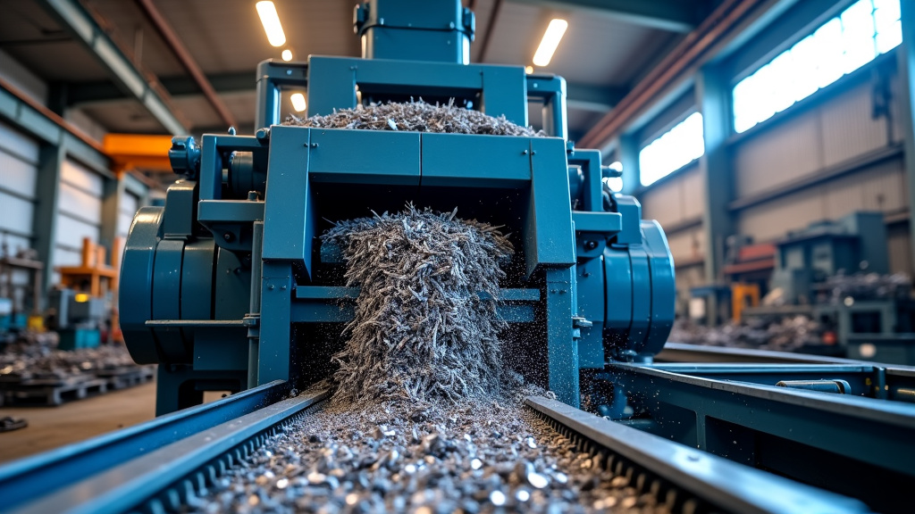 A photorealistic industrial scene featuring a massive steel scrap shredding machine in action, with shredded metal cascading down and conveyor belts transporting processed metal.