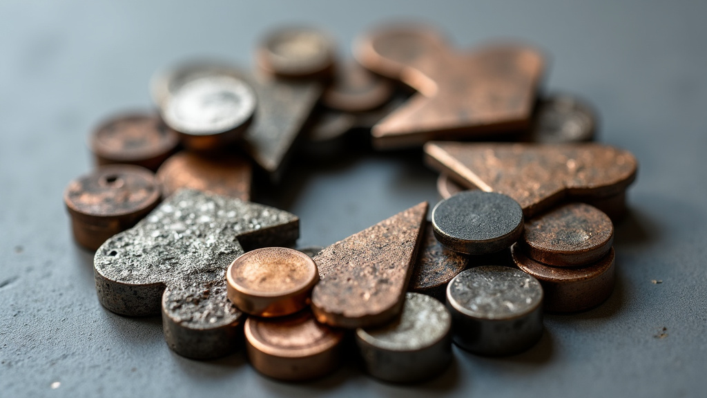 A close-up of diverse metal pieces arranged in a circular pattern symbolizing recycling, showcasing shiny copper, aluminum, and darker steel components.