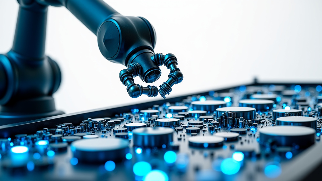 A close-up shot of shiny, metallic electronic components being sorted by a robotic arm with blue LED lighting on a white background.