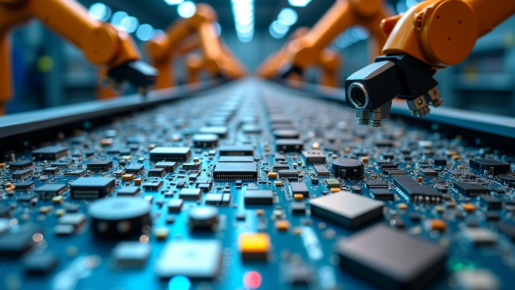 A close-up of metallic circuit boards and electronic components on a recycling conveyor belt with robotic arms.