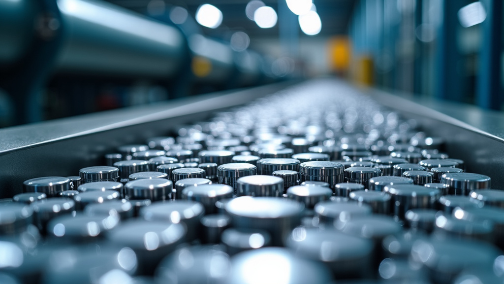 Close-up of shimmering metallic nickel scrap pieces on a conveyor belt.