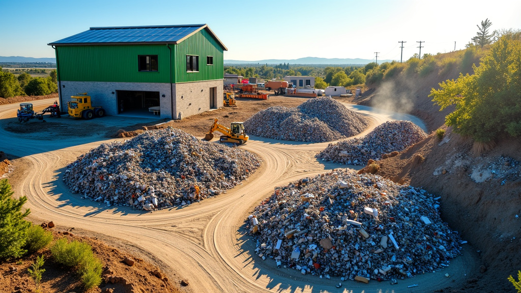 Aerial view of a modern construction site showing sustainable practices with recyclable materials and a green building.