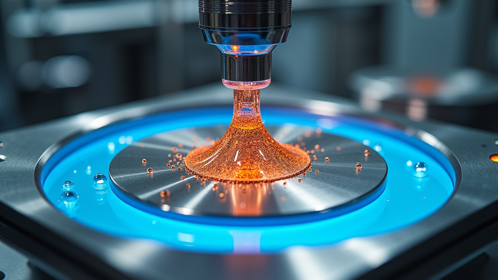 A close-up of a sleek electrolytic cell in operation with copper deposits on a cathode plate.