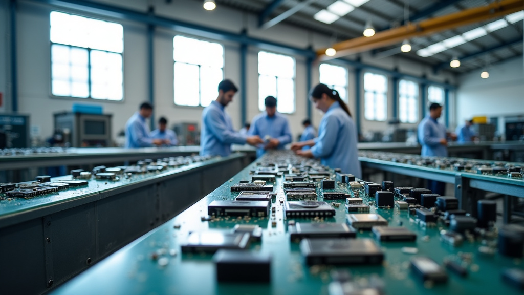 Professional interior of a modern electronics recycling facility with conveyor belts and workers in protective gear