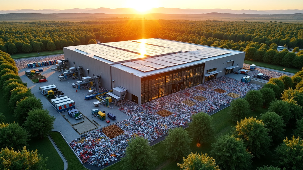 Aerial view of a modern circular economy facility with solar panels and lush greenery.