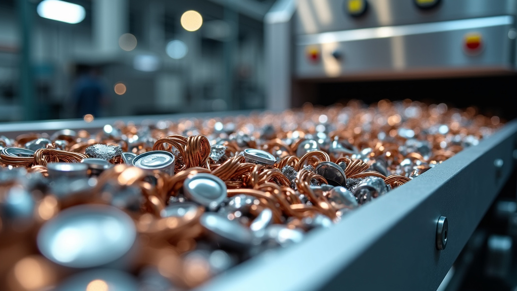 Close-up of a conveyor belt system in a metal recycling facility sorting aluminum cans, copper wire, and steel fragments.