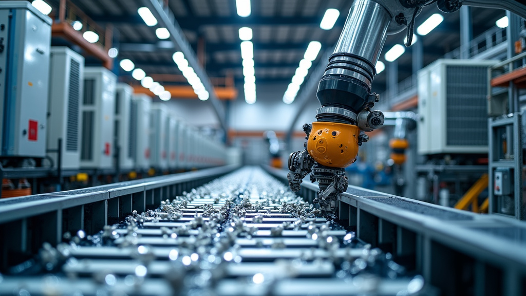 A wide-angle photorealistic shot of a modern industrial recycling facility featuring advanced machinery and robotic sorting equipment.