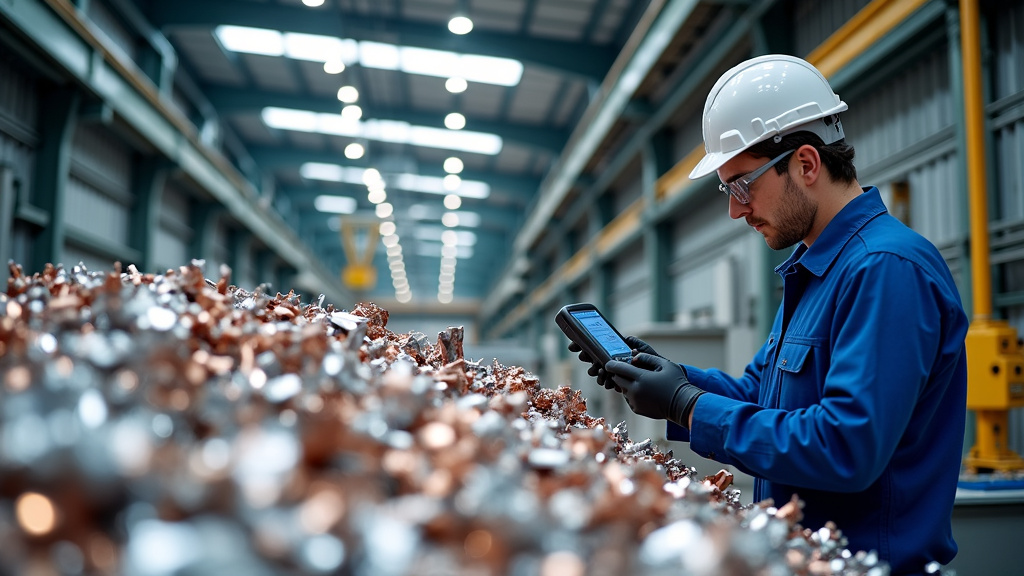 A technician in protective gear using a handheld XRF analyzer in a recycling facility.