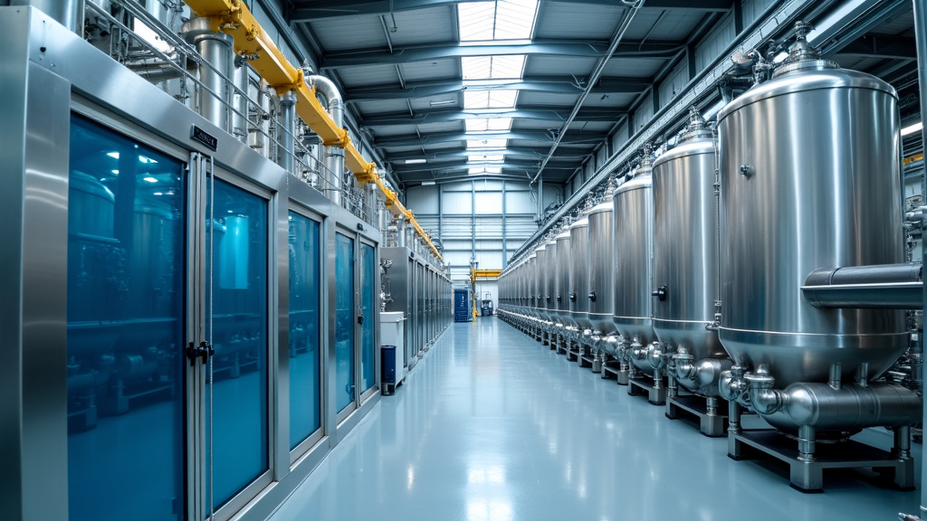 A sleek and modern industrial recycling facility interior showcasing metal processing equipment and blue-tinted containment vessels.