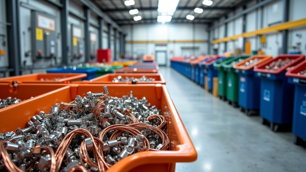 A modern industrial recycling facility interior featuring organized metal recycling bins and sorting stations.