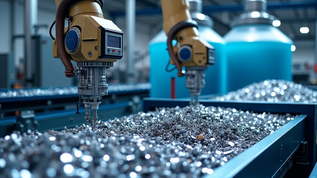 A modern industrial recycling facility interior with robotic arms sorting metals on a conveyor belt.