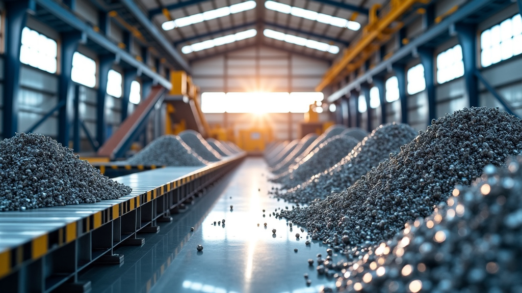 A bright, sunlit interior of an industrial recycling facility with robotic sorting equipment and metallic materials.