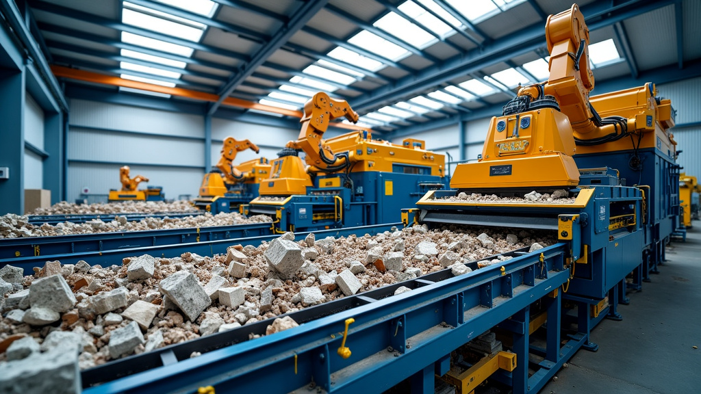 A modern industrial recycling facility with advanced sorting machinery in action.