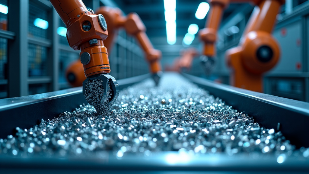 A modern, high-tech metal recycling facility interior with robotic arms sorting through shiny metal pieces.