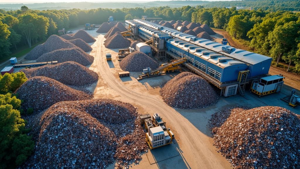 Aerial view of a modern metal recycling facility with organized rows of scrap metal under sunlight.