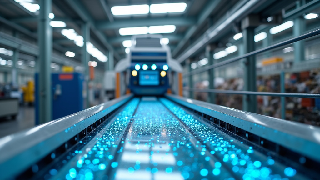 A modern recycling facility interior with advanced automation equipment and a conveyor belt system.