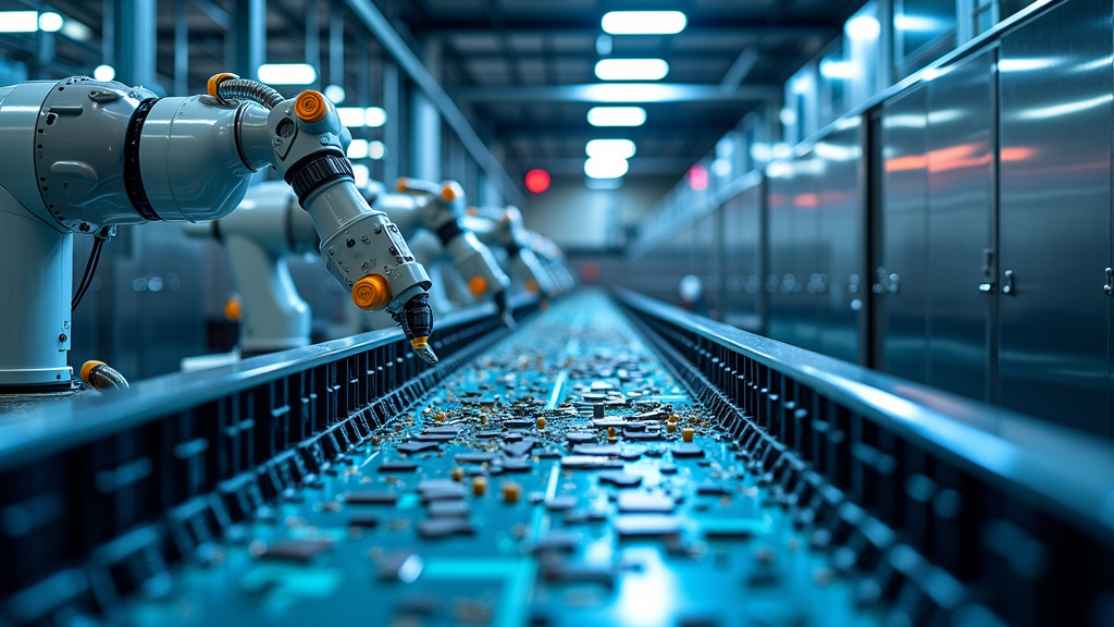 A modern recycling facility interior with robotic arms sorting electronic components under blue LED lighting.