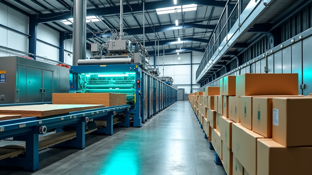 A modern recycling facility interior with automated sorting equipment processing cardboard waste.